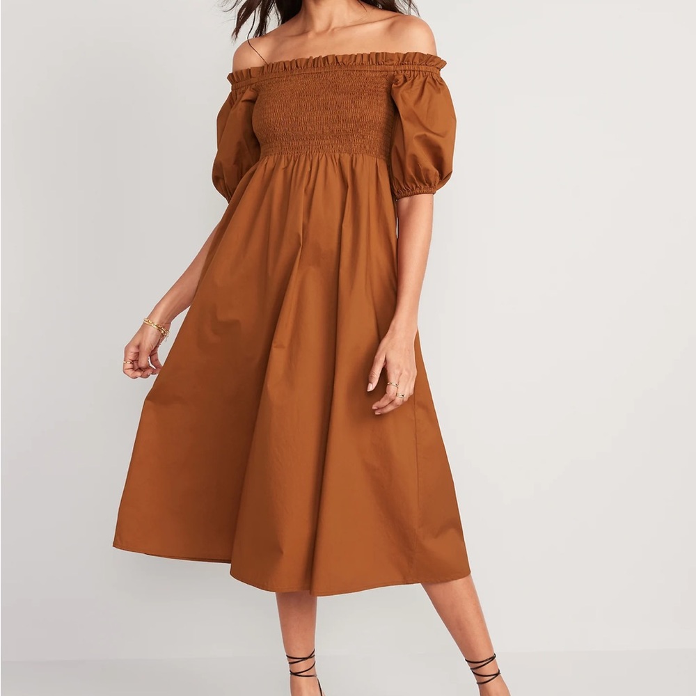 Fit & Flare Off-The-Shoulder Puff-Sleeve Smocked Cotton-Poplin Midi Dress